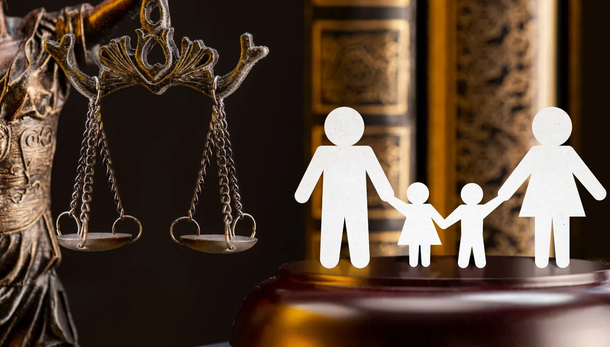 Símbolo da justiça junto a uma silhueta de família em papel