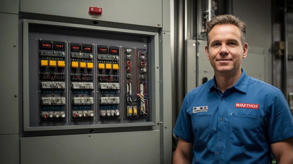 Profissional uniformizado operando painel elétrico